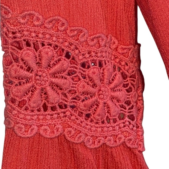 Double Zero coral embroidered lace bell sleeve Boho western linen shift dress - Picture 3 of 7